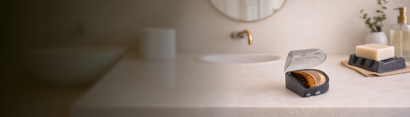 Bathroom counter with soap dish, soap, and mirror