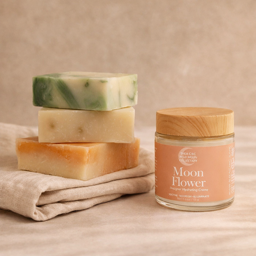Three bars of soap stacked on a cloth with a jar of 'Moon Flower' cream on a beige background